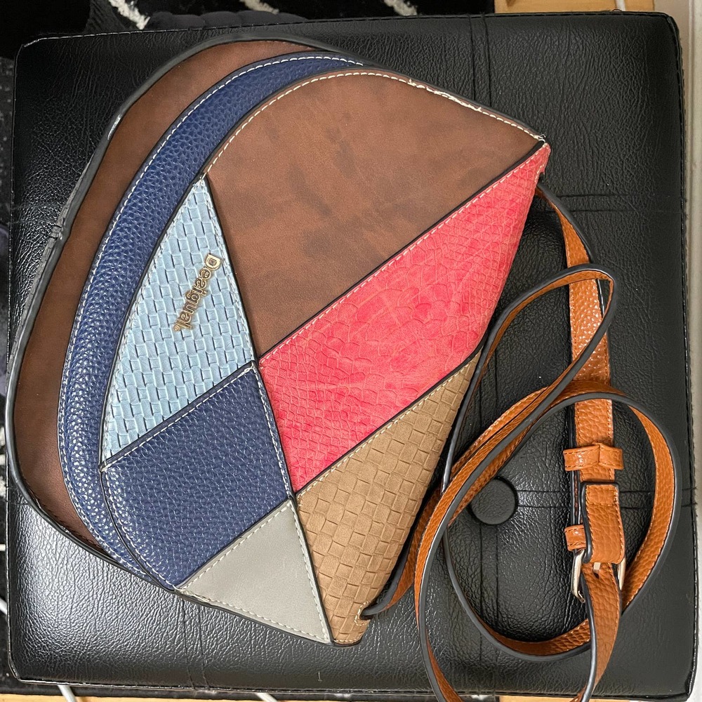 Desigual Crossbody Shoulder Purse Mixed Patchwork Pattern Pockets Brown - Picture 1 of 13